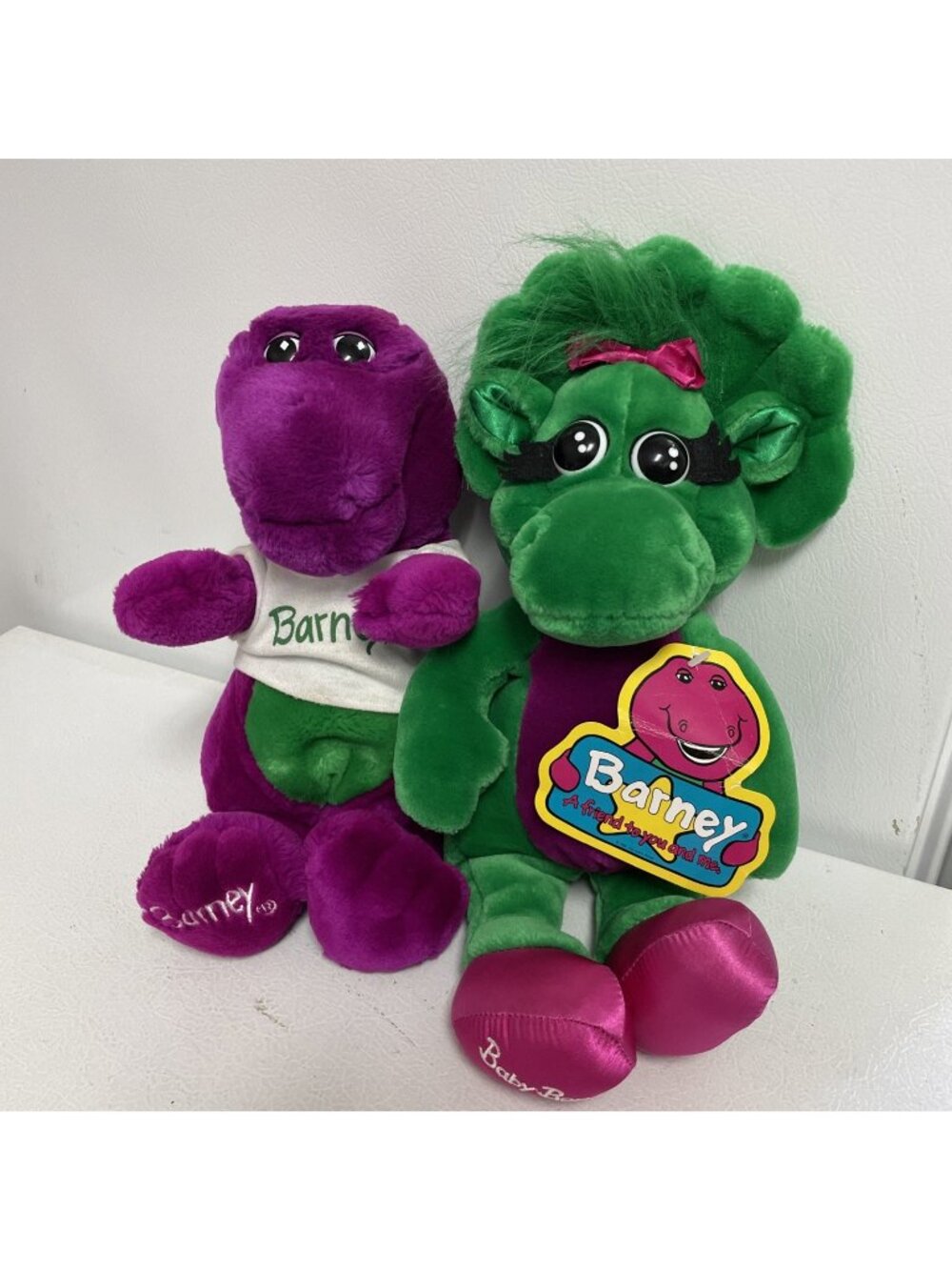 Vtg 1992 Barney and Baby Bop Plush Stuffed Animals Lyons Group Dinosaur 13”-15”